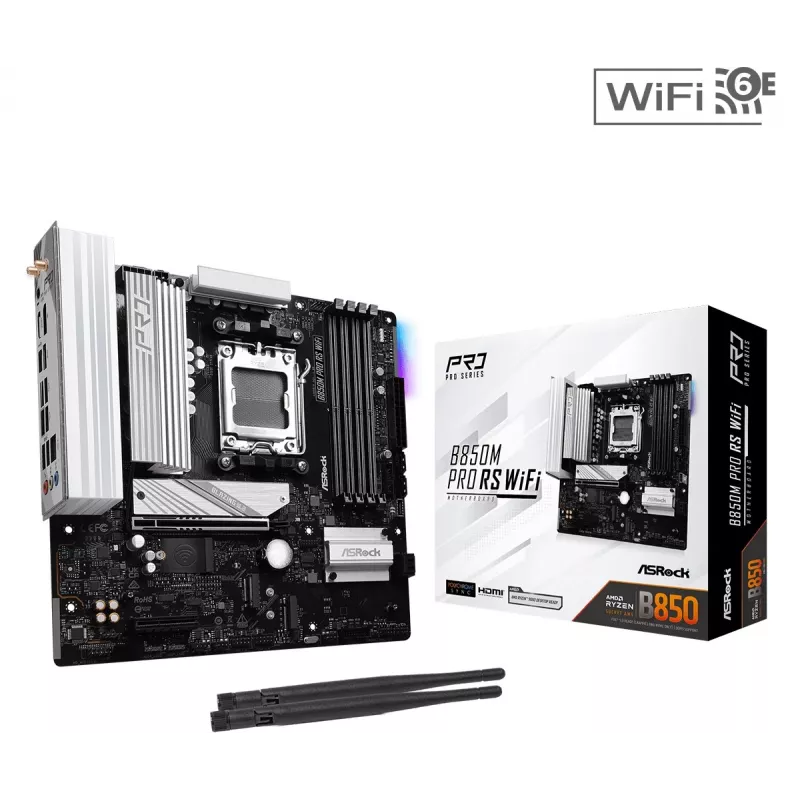 ASRock B850M Pro RS WiFi mātesplate — AMD B850, Socket AM5, microATX, DDR5, 4 DIMM, 256GB, Wi‑Fi 6E, 2.5Gb LAN, 3x M.2