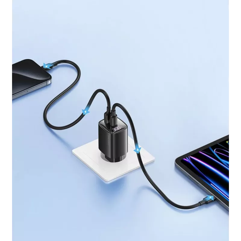 USB un USB-C 30 W GaN ātrais lādētājs usams CC229 balts — LED indikators, kompakts dizains