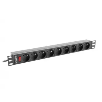 Strāvas sadales iekārta LANBERG PDU-09E-0300-BK — 9x E tipa rozetes, 16 A, 220–250 V, 3 m kabelis, 1U statīvs, 19 collas