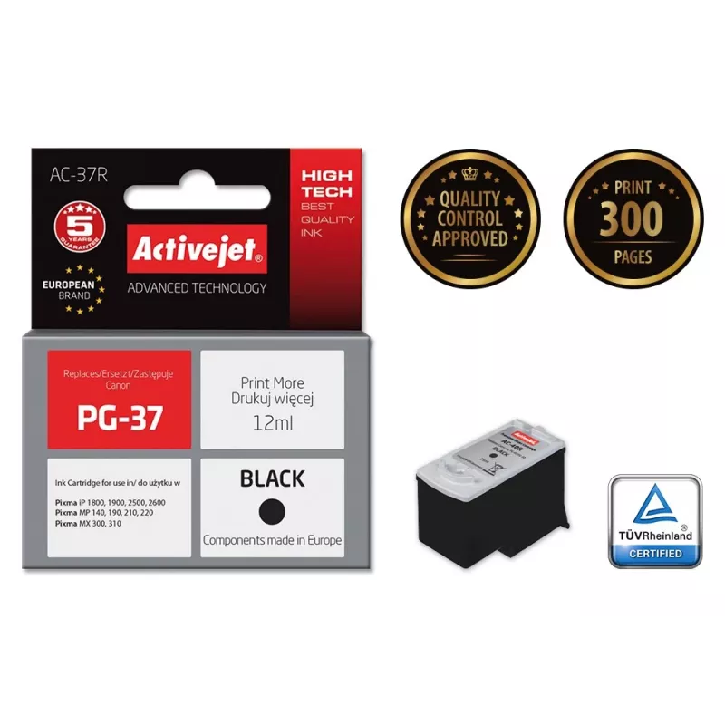 Tintes kasetne ActiveJet AC-37R saderīgs aizstājējs priekš Canon PG-37, melna, 12 ml, augstas ietilpības, pigmenta bāzes