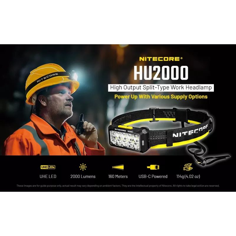 Galvas lukturītis Nitecore HU2000, 10 LED, USB uzlādējams litija jonu, alumīnijs+polikarbonāts, IP68 ūdensizturīgs