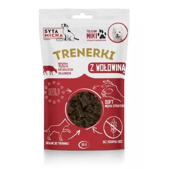 Suņu gardumi SYTA MICHA Treats ar liellopu gaļu 80 g — mīksti hipoalerģiski dresūras našķi, bez glutēna un sojas
