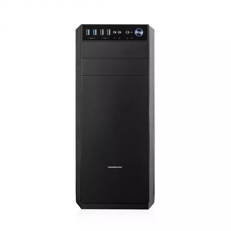PC korpuss MODECOM Oberon Pro Midi Tower — melns, atbalsta ATX/microATX/ITX, 7 paplašināšanas sloti, līdz 395 mm GPU, 5 HDD/3 SSD nodalījumi