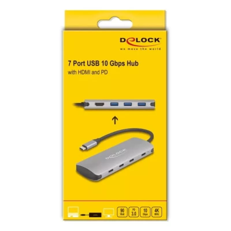 USB-C centrmezgls DELOCK 64323 — USB 3.2 Gen 2 Type-C resursdators, HDMI + 2× USB-A + 2× USB-C, 10 Gbit/s, pelēks