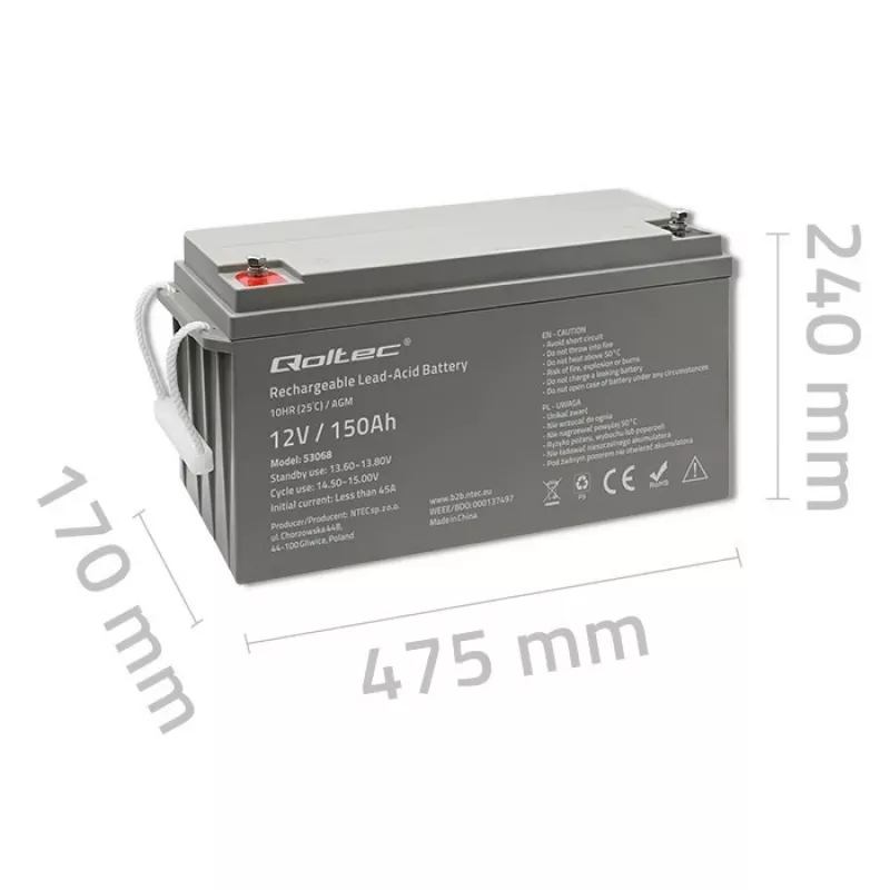 Qoltec 53068 AGM akumulators | 12V | 150Ah | maks. 2250A