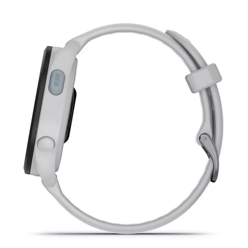 Viedpulkstenis GARMIN Forerunner 165 — GPS, AMOLED 1,2 collas, 4 GB, 5 ATM, 11 dienu akumulators, pelēks korpuss, balta siksniņa