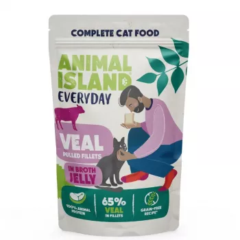 Slapjā kaķu barība animal island Everyday Jelly Veal — 12 x 85 g paciņas, pieaugušiem kaķiem, bez cukura/sojas/glutēna