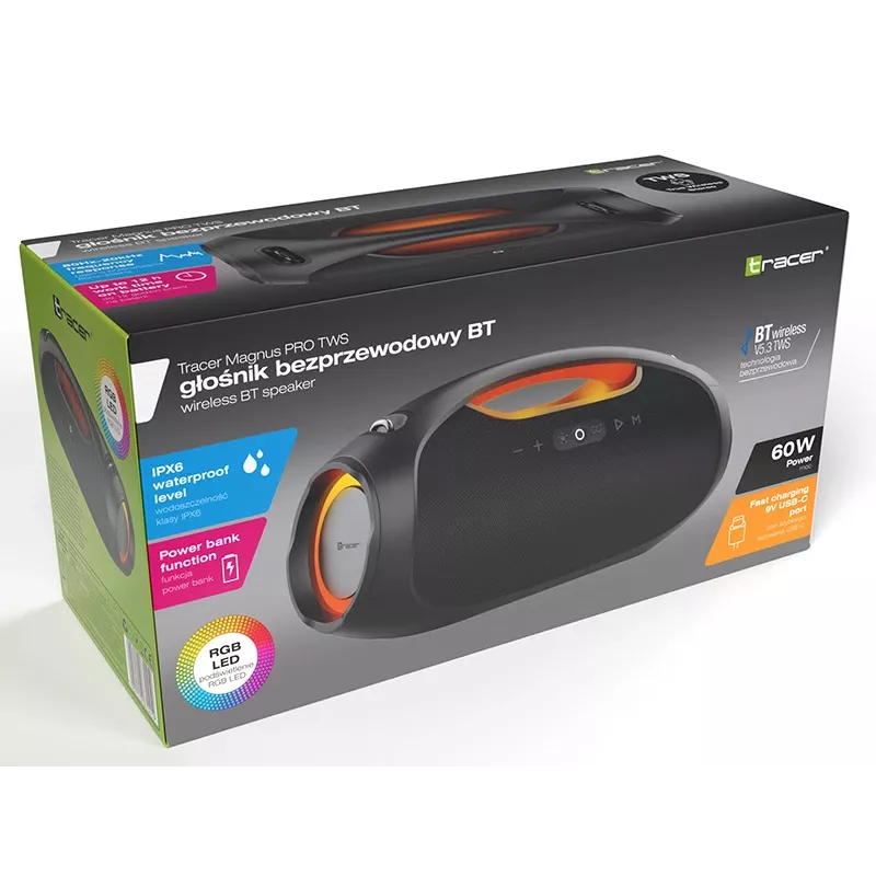 Stereo portatīvais skaļrunis TRACER TRAGLO47226 — bezvadu Bluetooth 5.3, 60 W RMS, 12 h akumulators, melns