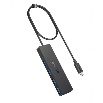 USB centrmezgls Anker Ultra plāns A8309G11 — USB Type-C resursdators, 3× USB 3.2 Gen 1 Type-A, kompakts 103×30×10 mm, melns