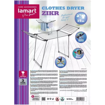 Veļas žāvētājs LAMART LT8104, izmērs 15 M — rotējošs āra/iekštelpu žāvēšanas statīvs, 15 m virves garums