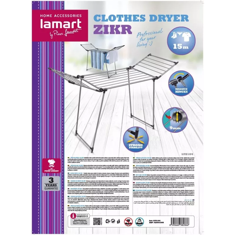 Veļas žāvētājs LAMART LT8104, izmērs 15 M — rotējošs āra/iekštelpu žāvēšanas statīvs, 15 m virves garums