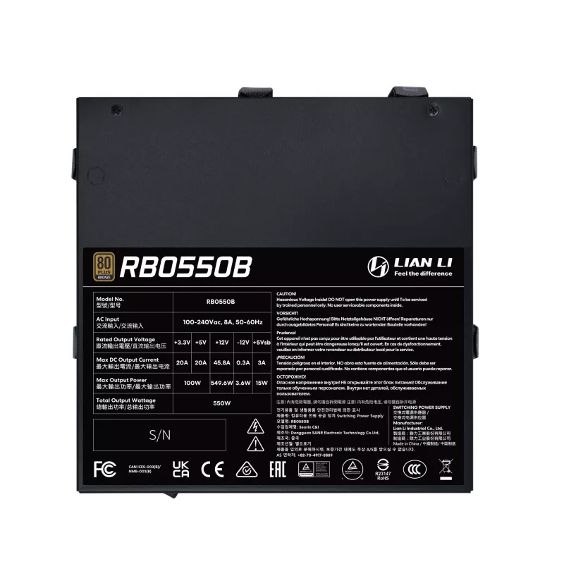 Barošanas bloks Lian Li RB0550B.B 550 W, 24-pin ATX, 80 PLUS Bronze, 135 mm ventilators, melns