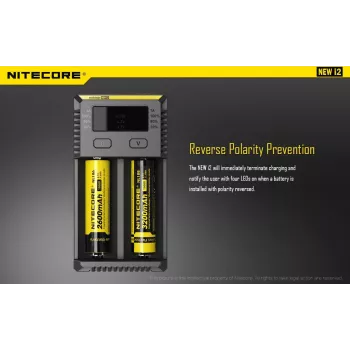Bateriju lādētājs Nitecore NEW i2 — 2 vietu lādētājs LiFePO4, Li-Ion, NiMH baterijām; ieeja 100–240V; izeja 9–12V; piemērots AAAA/C/D/AAA/AA; melns
