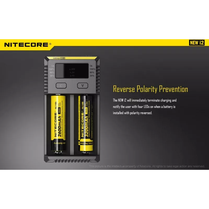 Bateriju lādētājs Nitecore NEW i2 — 2 vietu lādētājs LiFePO4, Li-Ion, NiMH baterijām; ieeja 100–240V; izeja 9–12V; piemērots AAAA/C/D/AAA/AA; melns