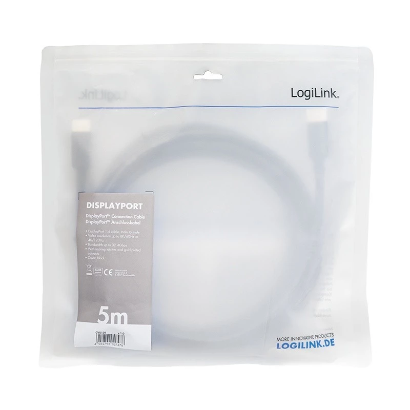 DisplayPort kabelis LogiLink CV0139 5 m Melns