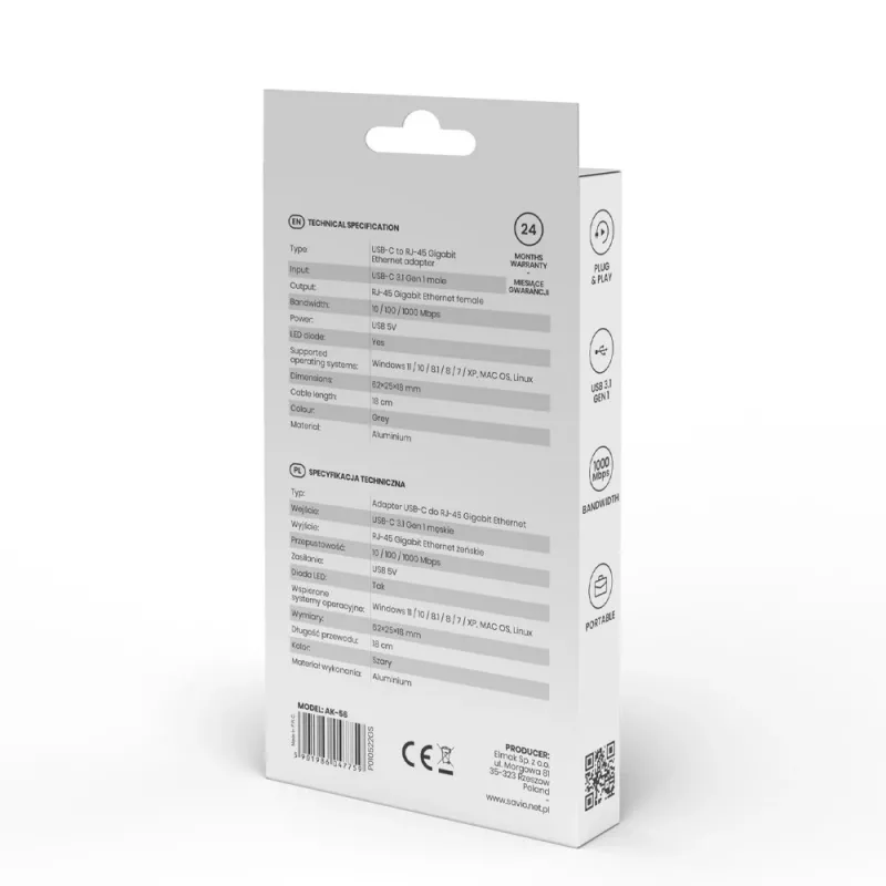 SAVIO Adapter USB-C 3.1 Gen.1 (M) uz RJ-45 Gigabit Ethernet (F), 1000 Mbps, AK-56, pelēks