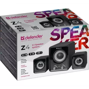 DEFENDER Z4 vadu 2.1 skaļruņi, 11 W RMS, melni, USB 5V barošana, 3,5 mm austiņu izeja