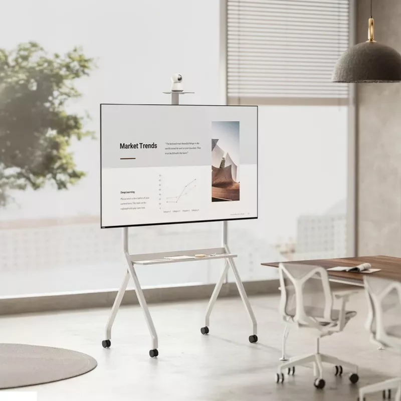 Grīdas TV statīvs MACLEAN MC-114 W displejiem 55 collas–100 collas, balts, VESA līdz 900x600, maks. slodze 120 kg, augstums 115–152 cm, plaukts