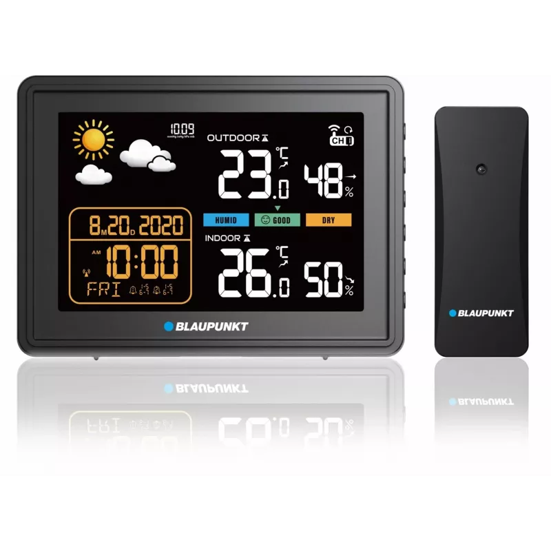 Laika stacija BLAUPUNKT WS30BK ar bezvadu āra sensoru, krāsu LCD, pulksteni, modinātāju, barometru, °C, 1 sensors