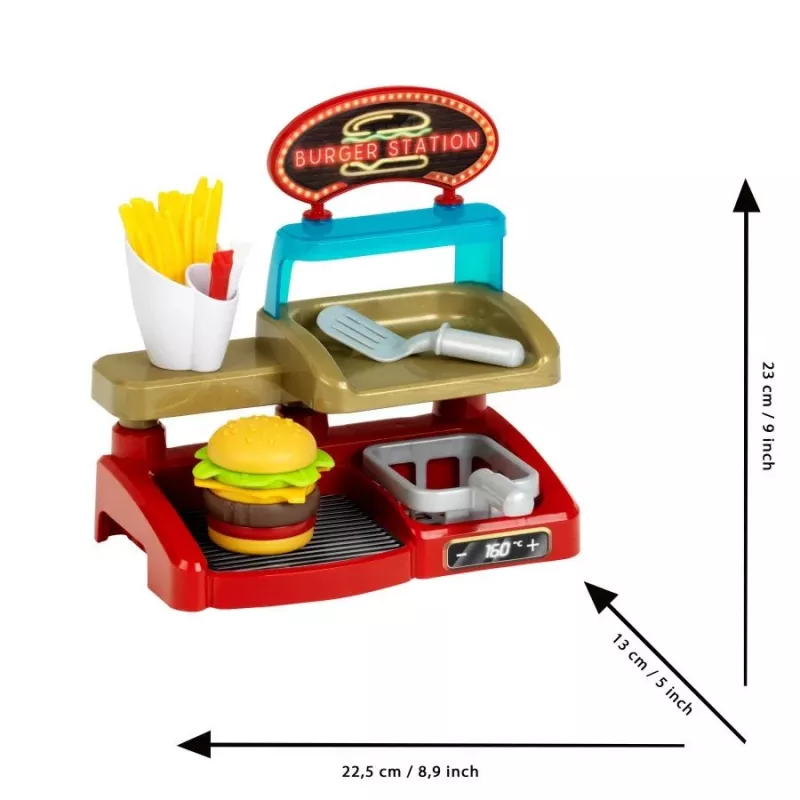 Play Burger Shop komplekts KLEIN 7336 — kompakts dizains, viegli tīrāma bērnu lomu spēles rotaļlieta