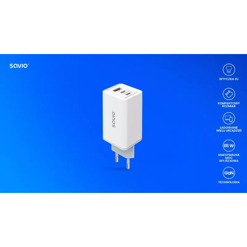 SAVIO LA-07 GaN 65W tīkla lādētājs, USB, QC4.0+, PD 3.0, Balts