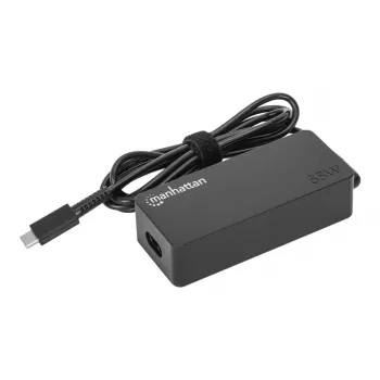 Manhattan USB-C Power Delivery klēpjdatora lādētājs 65 W, maiņstrāvas uz Type-C strāvas adapteris, universāls spriegums, saderīgs ar lielāko daļu piezīmjdatoru, ideāls kā otrais vai rezerves barošanas avots, ietver noņemamu maiņstrāvas kabeli un iebūvētu USB-C PD kabeli, melns