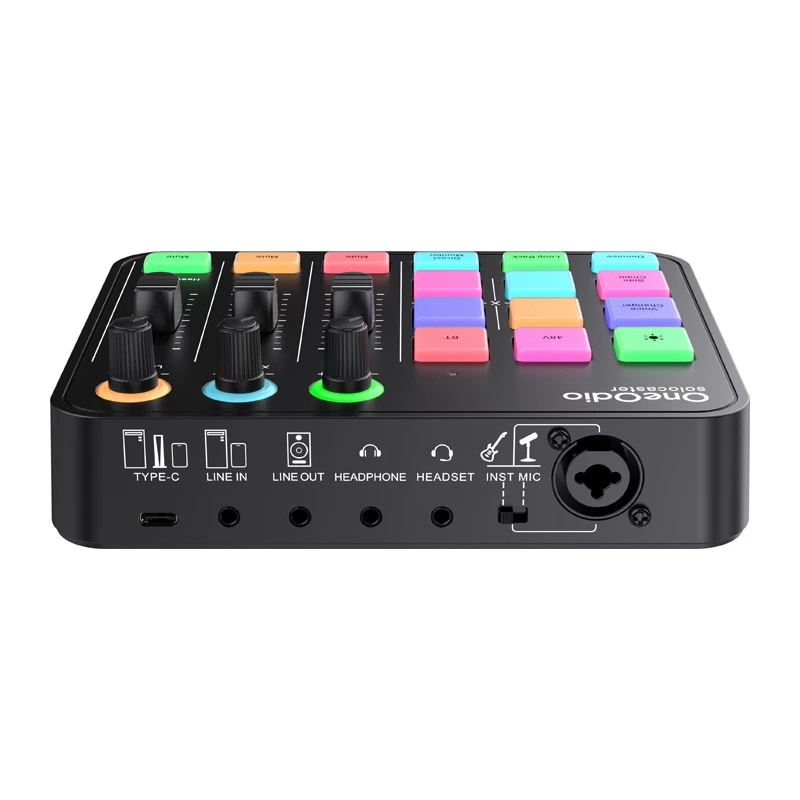 Audio mikseris un USB skaņas karte OneOdio Solocaster — kompakta galddatora saskarne straumēšanai un ierakstīšanai