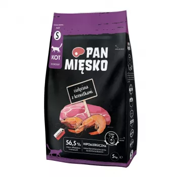 Sausā kaķu barība Pan Miesko teļa gaļa ar garnelēm mazo šķirņu pieaugušiem kaķiem, 5 kg, olbaltumvielas 39%, tauki 16%