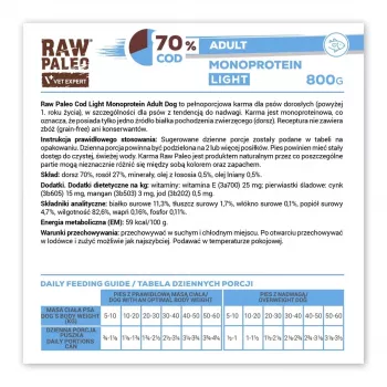 Mitrā suņu barība VETEXPERT Raw Paleo Cod Light Adult 800 g — konservēta, zivju garša, 11,3% olbaltumvielu, 1,7% tauku