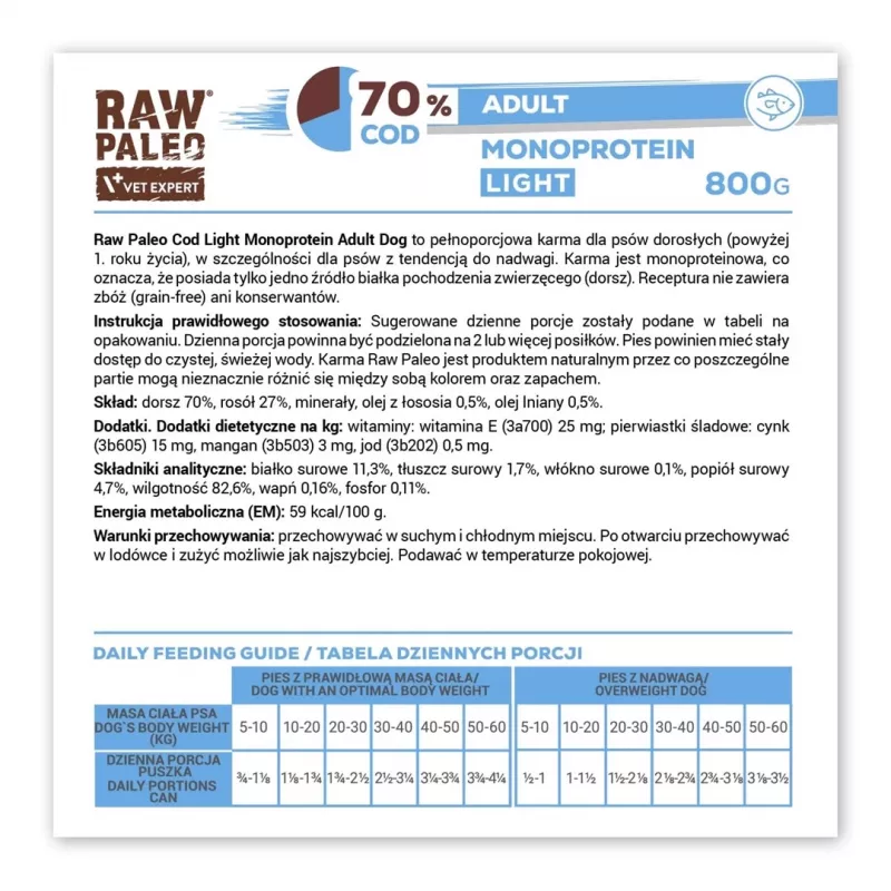 Mitrā suņu barība VETEXPERT Raw Paleo Cod Light Adult 800 g — konservēta, zivju garša, 11,3% olbaltumvielu, 1,7% tauku