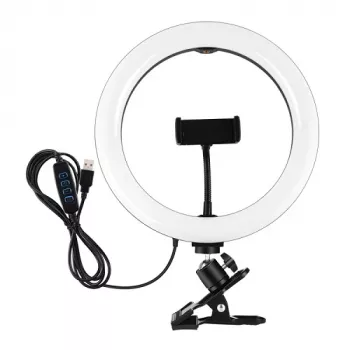 LED gredzena gaisma 26cm ar tālruņa turētāju un skavu, USB