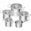 Trauku komplekts ZWILLING 65120-005-0 — 5 daļu nerūsējošā tērauda katli, vāki, droši cepeškrāsnij un trauku mazgājamai mašīnai, nepiedegošs pārklājums, maks. 200°C