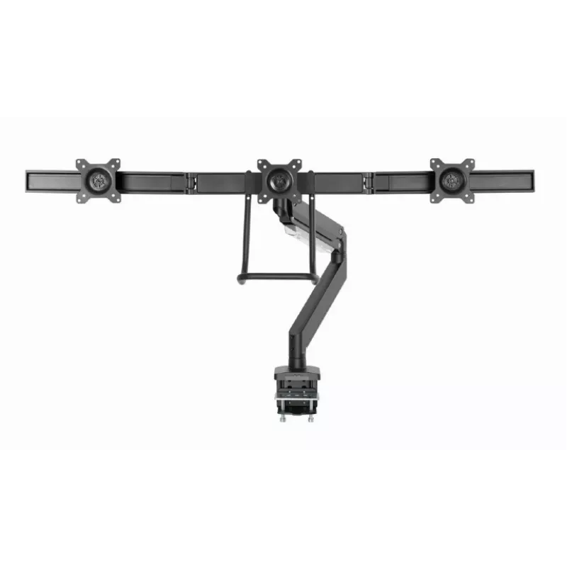 Galda monitora stiprinājums GEMBIRD MA-DA3-03, 3 sviras, gāzes atspere, VESA 75–100x100, atbalsta 3 displejus līdz 27 collām, maks. 18 kg, melns