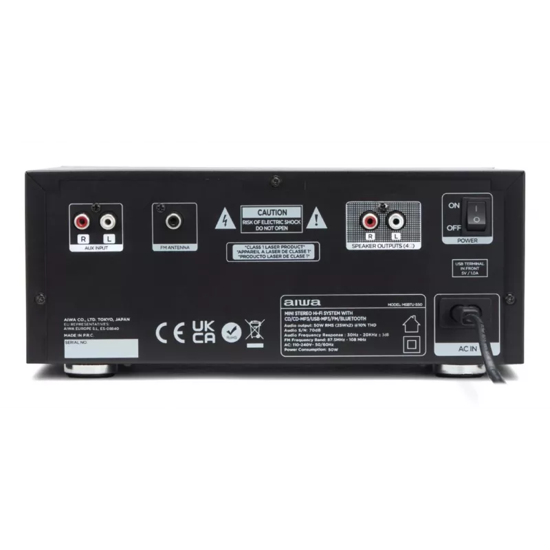 Mājas audio mikro sistēma Aiwa MSBTU-550 — 50 W RMS, Bluetooth 10 m, FM, LED displejs, RCA, melna