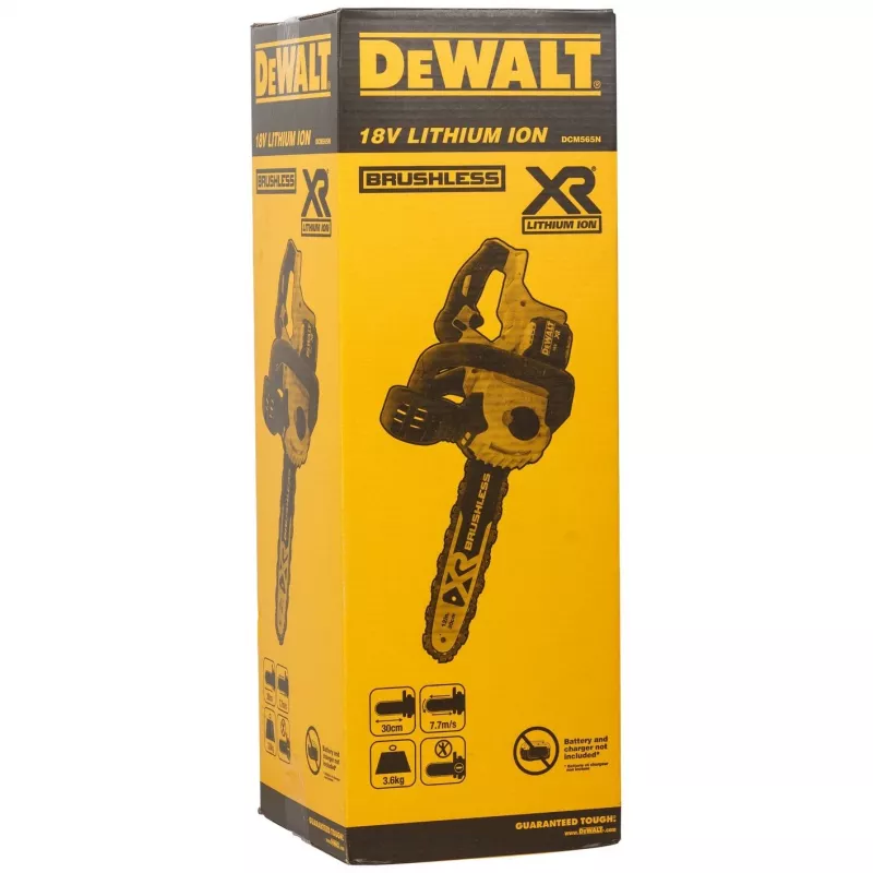 Motorzāģis DeWALT DCM565N-XJ — bezvada, darbināms ar baterijām, 30 cm sliede, 5 Ah baterijas ietilpība, 0,14 l eļļas tvertne