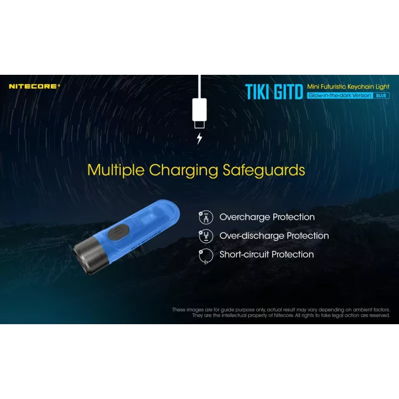 Atslēgu piekariņa lukturītis Nitecore TIKI GITD BLUE — pelēks, USB atkārtoti uzlādējams, 1 lm, 55 mm, 12 g, IP66, triecienizturīgs