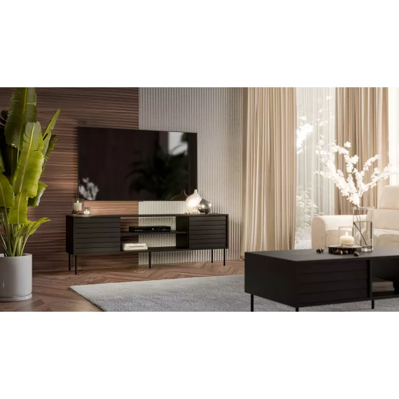 TV skapis cama meble CORTINA EF 180×40×60 cm, melns, skaidu plākšņu virsma, melns rāmis