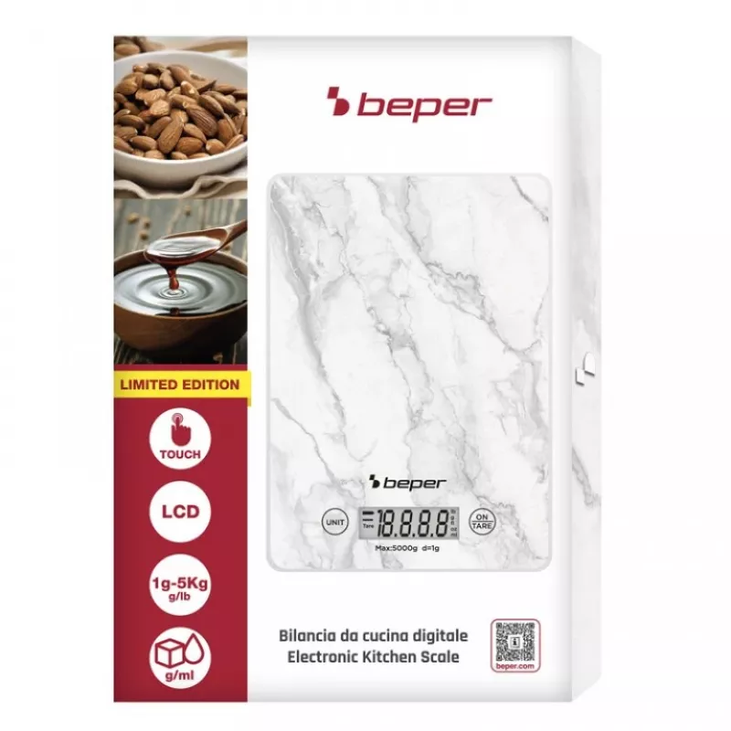 Virtuves svari Beper P102BIL004 - digitālie, 5 kg, 1 g, balts marmors