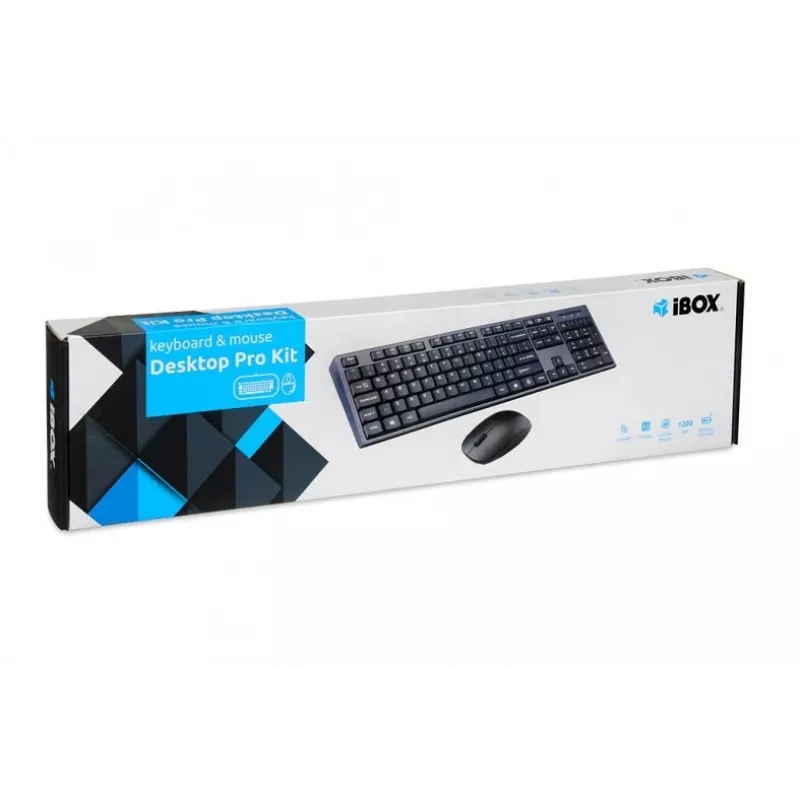 IBOX Desktop Kit Pro bezvadu tastatūra un pele, QWERTY pilna izmēra 104 taustiņi, 2,4 GHz, 1200 DPI, melna