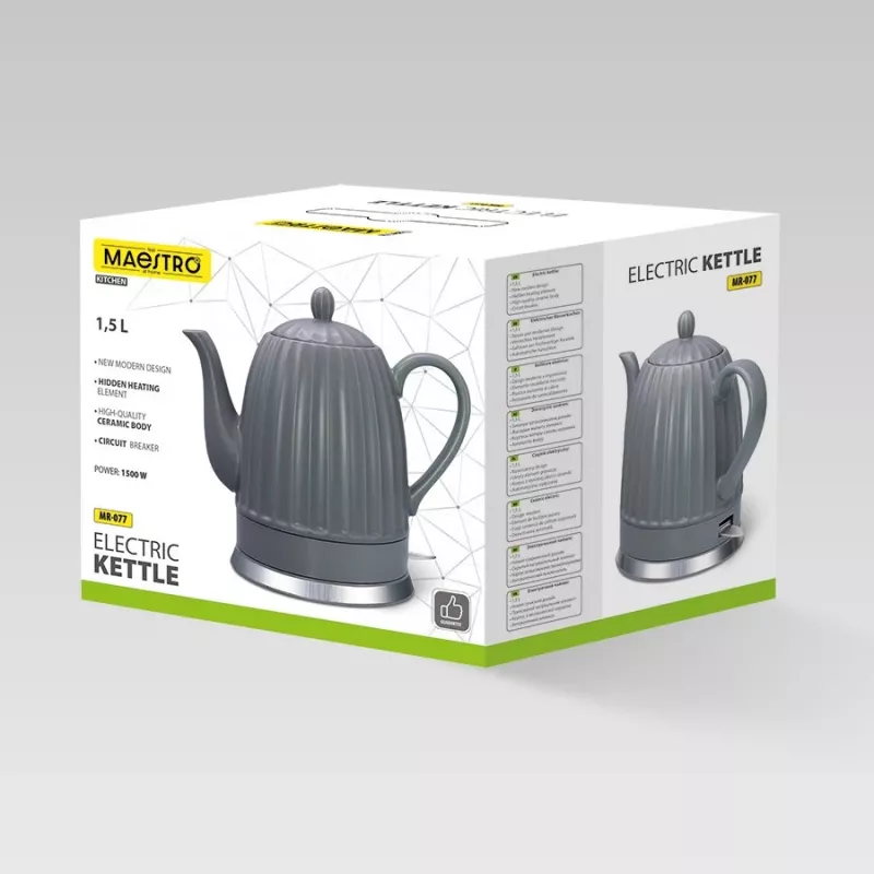 Elektriskā tējkanna Maestro MR-077, 1,5 L, 1500 W, keramikas korpuss, pelēka