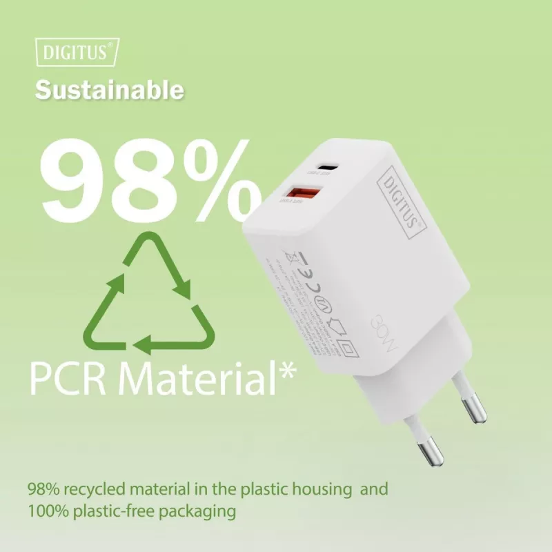 AC iekštelpu USB GaN lādētājs DIGITUS DA-10301 — 30W, 1× USB-C, 1× USB-A, 100–240V, balts