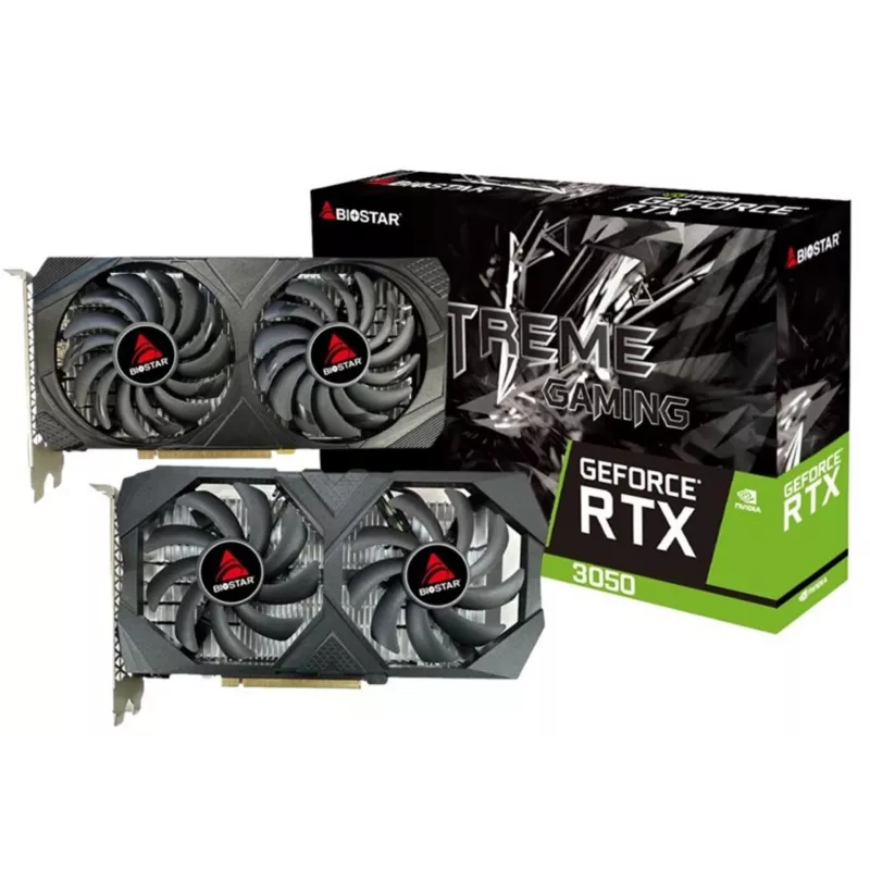 Grafikas karte BIOSTAR GeForce RTX 3050 6GB GDDR6 PCIe 4.0, 2304 CUDA kodoli, 96 bitu, 2x ventilatori, 225×43 mm