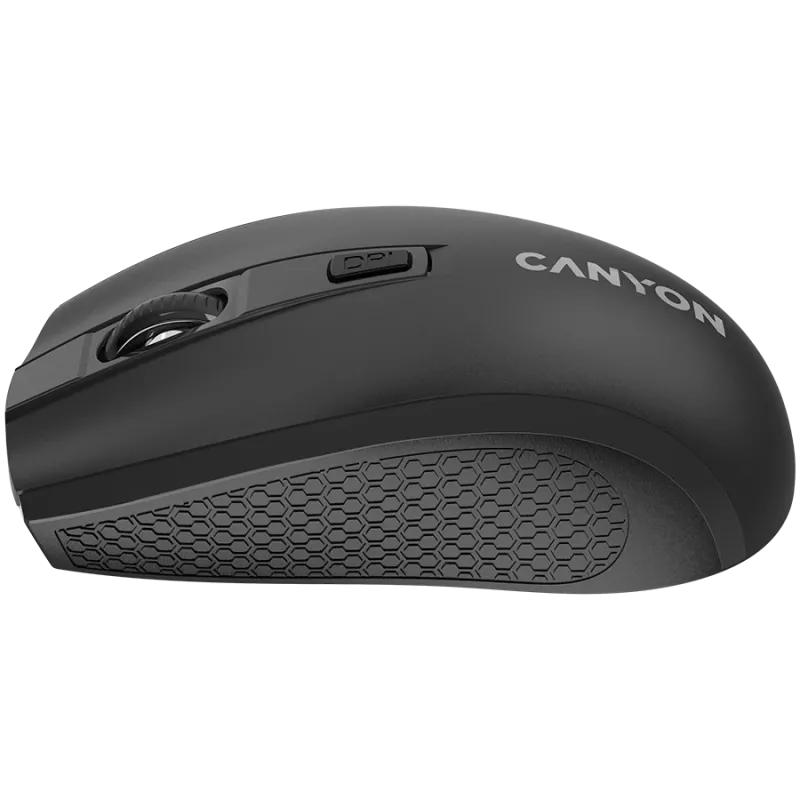CANYON MW-7, 2,4 GHz bezvadu pele, 6 pogas, DPI 800/1200/1600, ar 1 AA bateriju, izmērs 110*60*37 mm, 58 g, melna