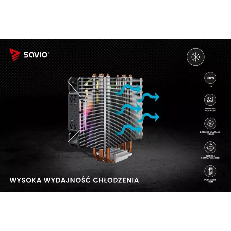 CPU dzesētājs SAVIO SAVGCOVORTEXX2ARGB ar 4 siltuma caurulēm, 120 mm ARGB ventilatoru, melns
