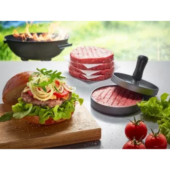 Hamburgeru prese GEFU 89419, plastmasa, Ø 11,8 cm, augstums 93 mm, pelēka/melna