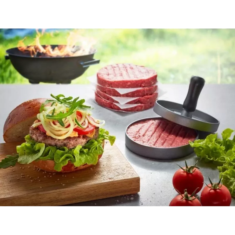 Hamburgeru prese GEFU 89419, plastmasa, Ø 11,8 cm, augstums 93 mm, pelēka/melna