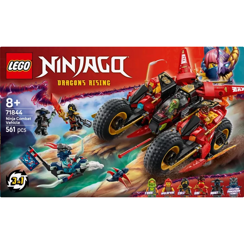 LEGO Ninja Combat Vehicle komplekts 71844 — NINJAGO, 561 detaļas, 6 minifigūras, kustīgas daļas, 140×240×220 mm