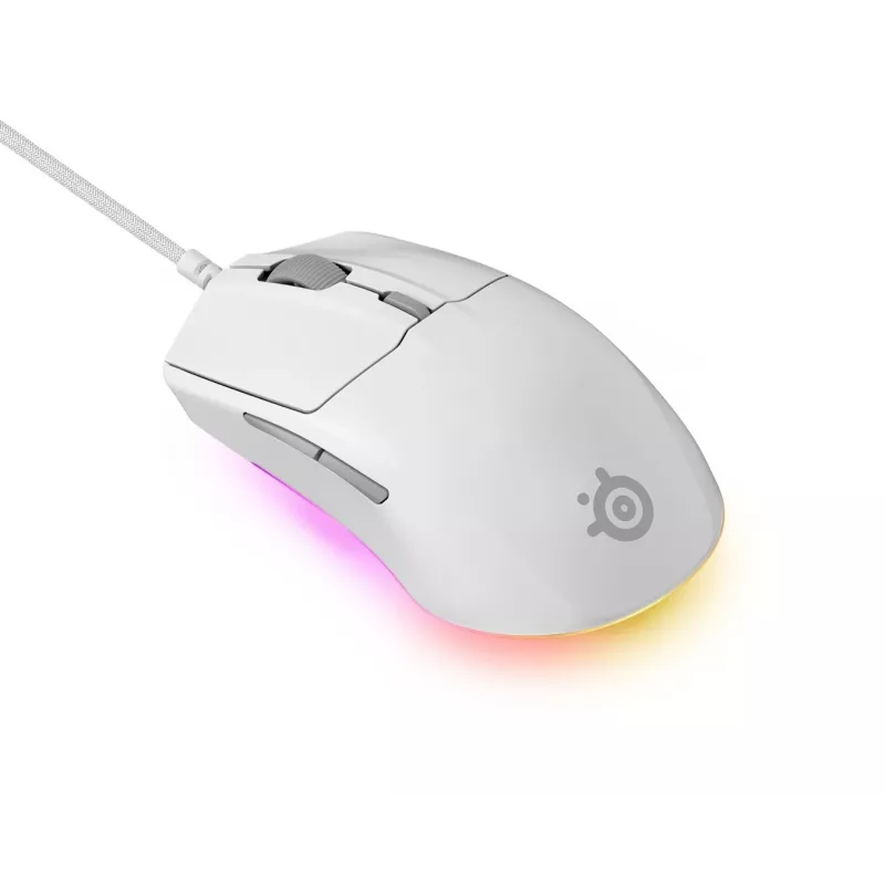 Spēļu pele STEELSERIES Rival 3 Gen 2 — optiska, 8500 DPI, vadu USB Type-A, labroču, balta, 77 g