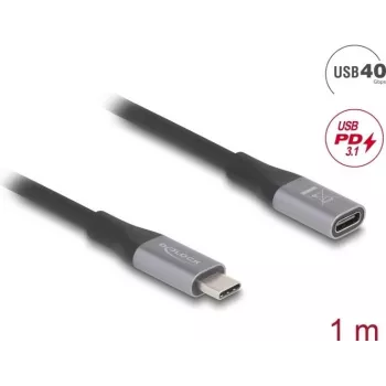 Delock - USB pagarinātājkabelis - 24 kontaktu USB-C (tēviņš) uz 24 kontaktu USB-C (mātīte) - USB 2.0 / USB 3.2 / USB4 / Thunderbolt 3 5 A - 1,0 m - Melns, Pelēks (81201)