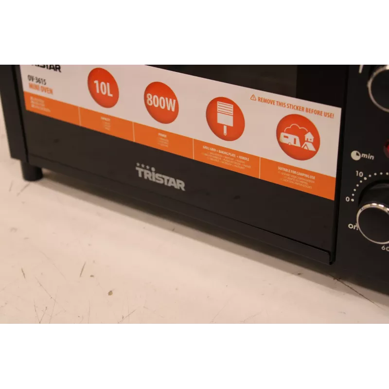 IZPĀRDOŠANA. Tristar OV-3615 Mini Cepeškrāsns, Melna | Tristar | Mini Cepeškrāsns | OV-3615 | 10 L | 800 W | Melna | BOJĀTS IEPAKOJUMS, NEVIENMĒRĪGA ATSTARPE STARP STIKLU UN DURVJU APMALI